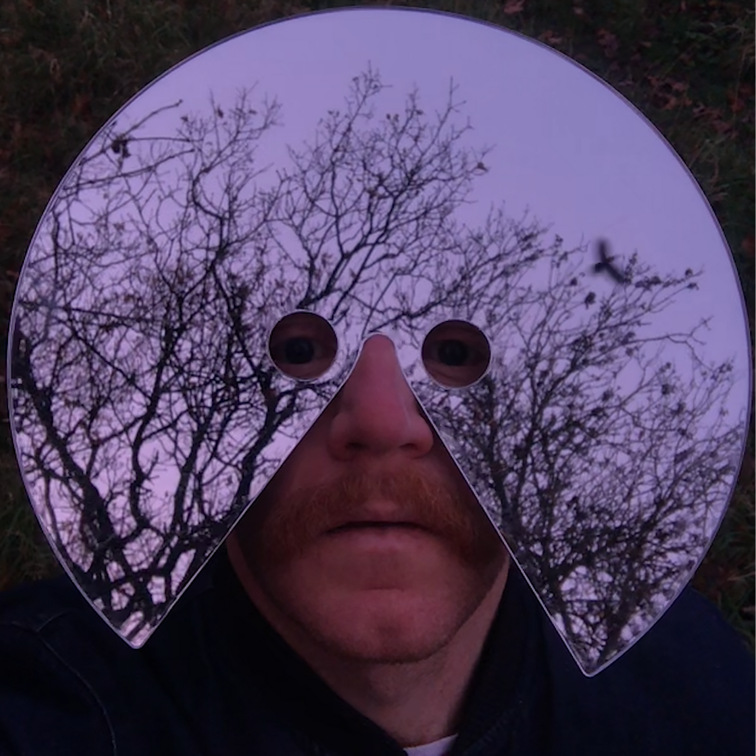 Person wearing a mask with tree reflections on a dark background